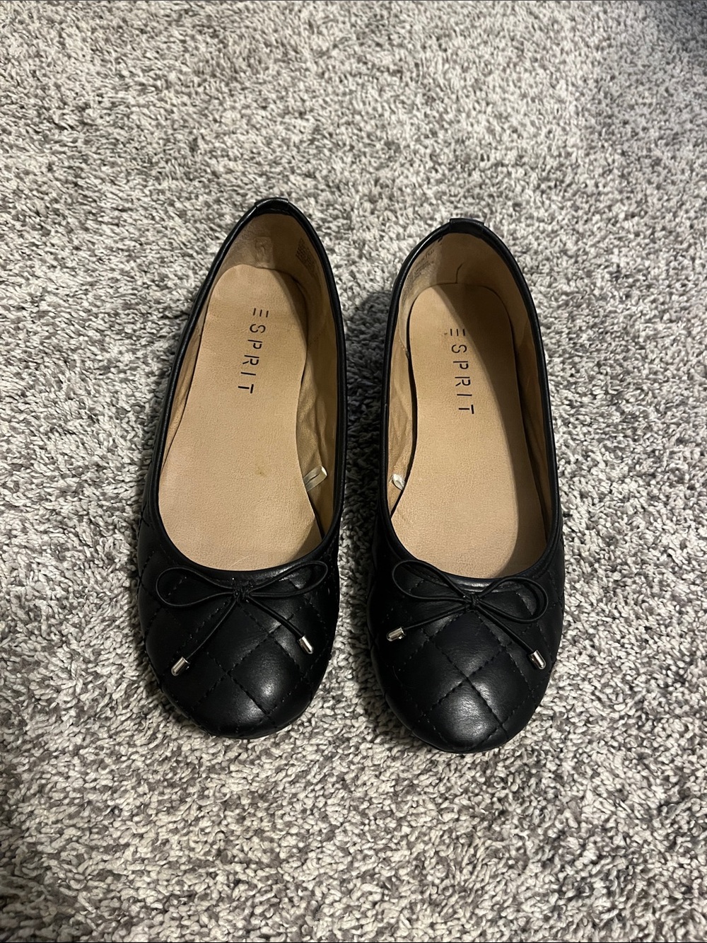 Esprit Black Quilted Ballet Flats with Bow Accent